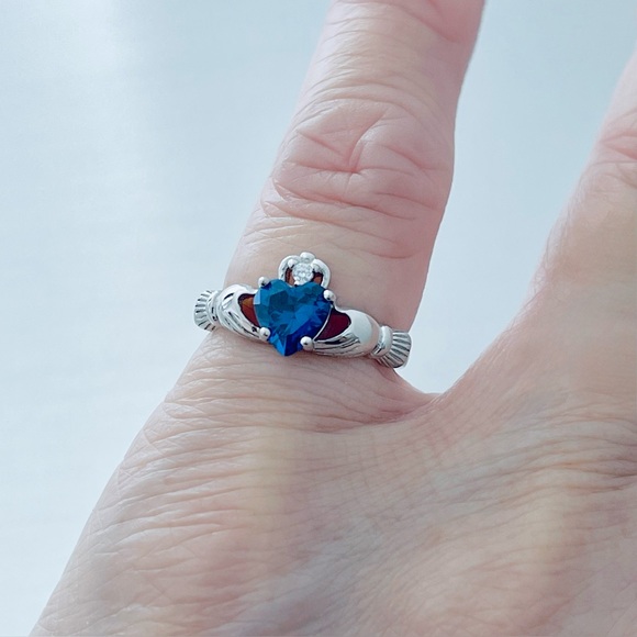 Sterling Silver Claddagh Blue Sapphire CZ Ring, September Birthstone - Picture 1 of 13